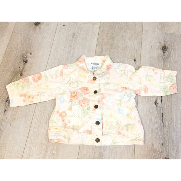Girls Infant Toddler Oshkosh Peach Floral Denim Jacket Sz 12mos - Picture 1 of 5